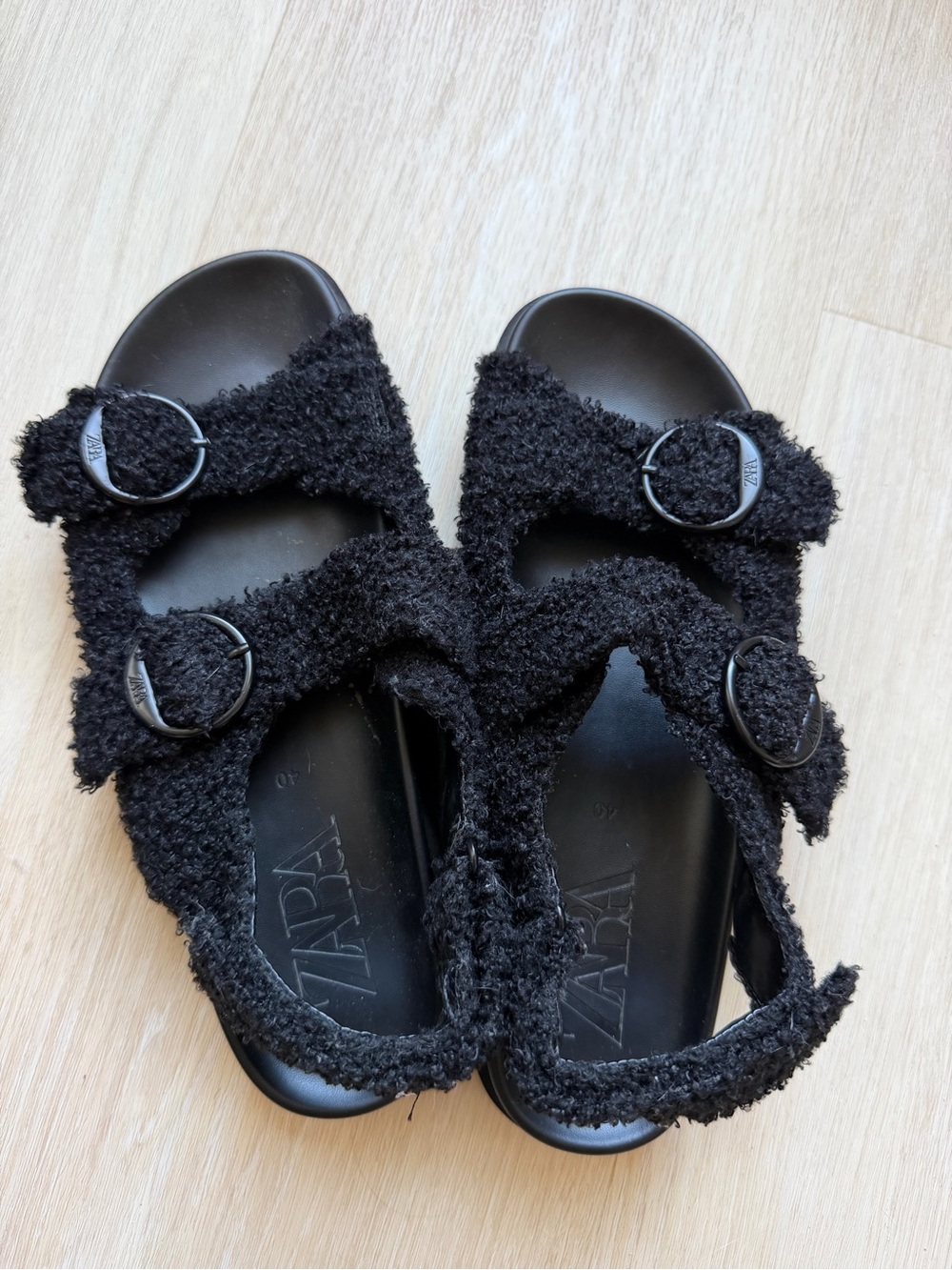Zara Black Fuzzy Double-Buckle Sandals